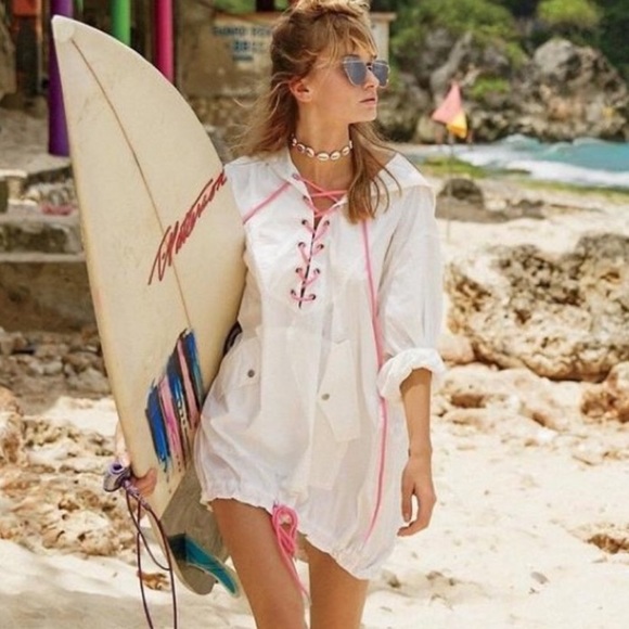 EUC Free People Poplin Pullover Hoodie White Pink - Picture 2 of 8